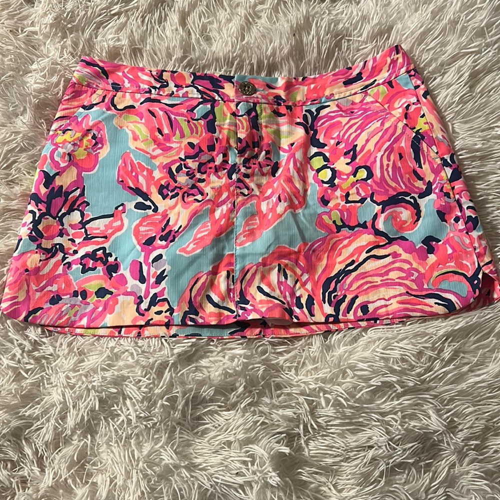 Lily Pulitzer bright pink, orange, and blue women’s skirt; shorts built-in